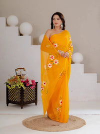 Mustard Yellow Hand Painted Georgette Saree with White Hibiscus Floral Print - Shri SKA Sons