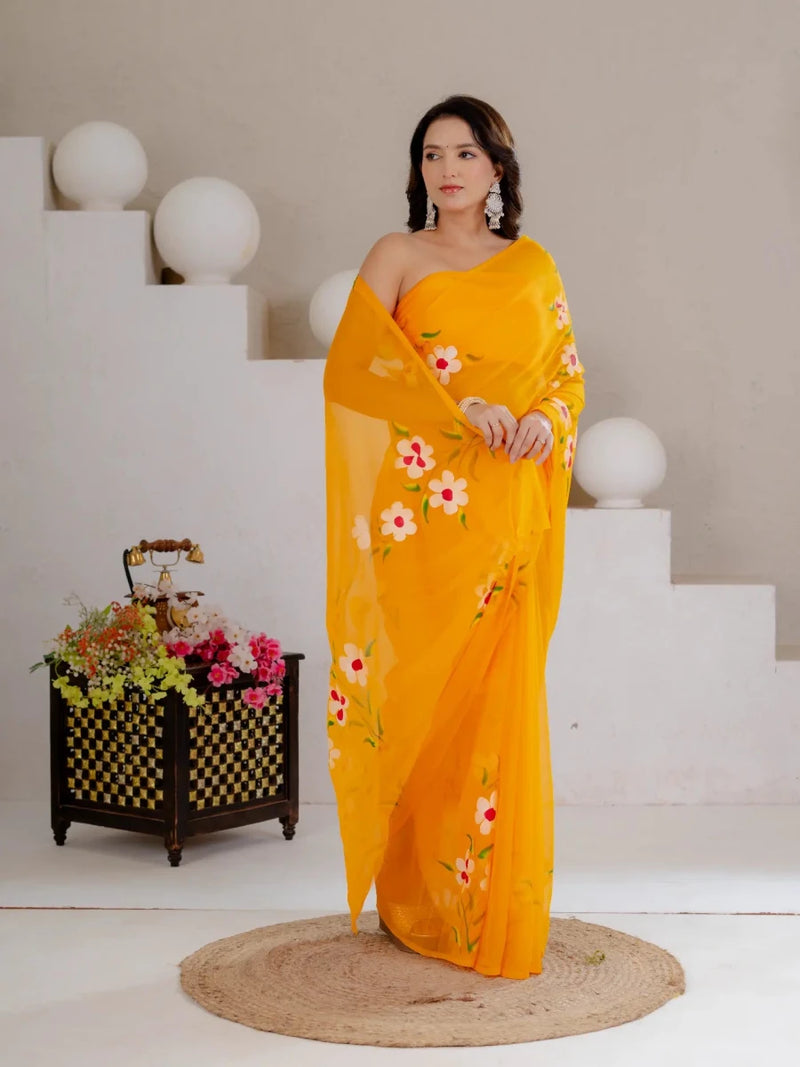 Mustard Yellow Hand Painted Georgette Saree with White Hibiscus Floral Print - Shri SKA Sons