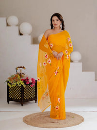 Mustard Yellow Hand Painted Georgette Saree with White Hibiscus Floral Print - Shri SKA Sons