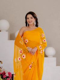 Mustard Yellow Hand Painted Georgette Saree with White Hibiscus Floral Print - Shri SKA Sons