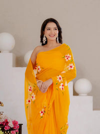 Mustard Yellow Hand Painted Georgette Saree with White Hibiscus Floral Print - Shri SKA Sons