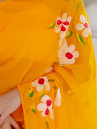 Mustard Yellow Hand Painted Georgette Saree with White Hibiscus Floral Print - Shri SKA Sons