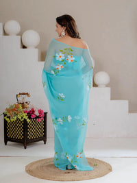 Sky Blue Hand Painted Georgette Saree with White Hibiscus Floral Print - Shri SKA Sons