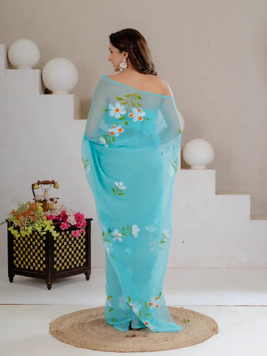 Sky Blue Hand Painted Georgette Saree with White Hibiscus Floral Print - Shri SKA Sons