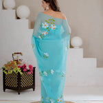 Sky Blue Hand Painted Georgette Saree with White Hibiscus Floral Print