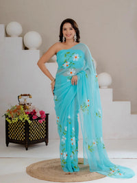 Sky Blue Hand Painted Georgette Saree with White Hibiscus Floral Print - Shri SKA Sons