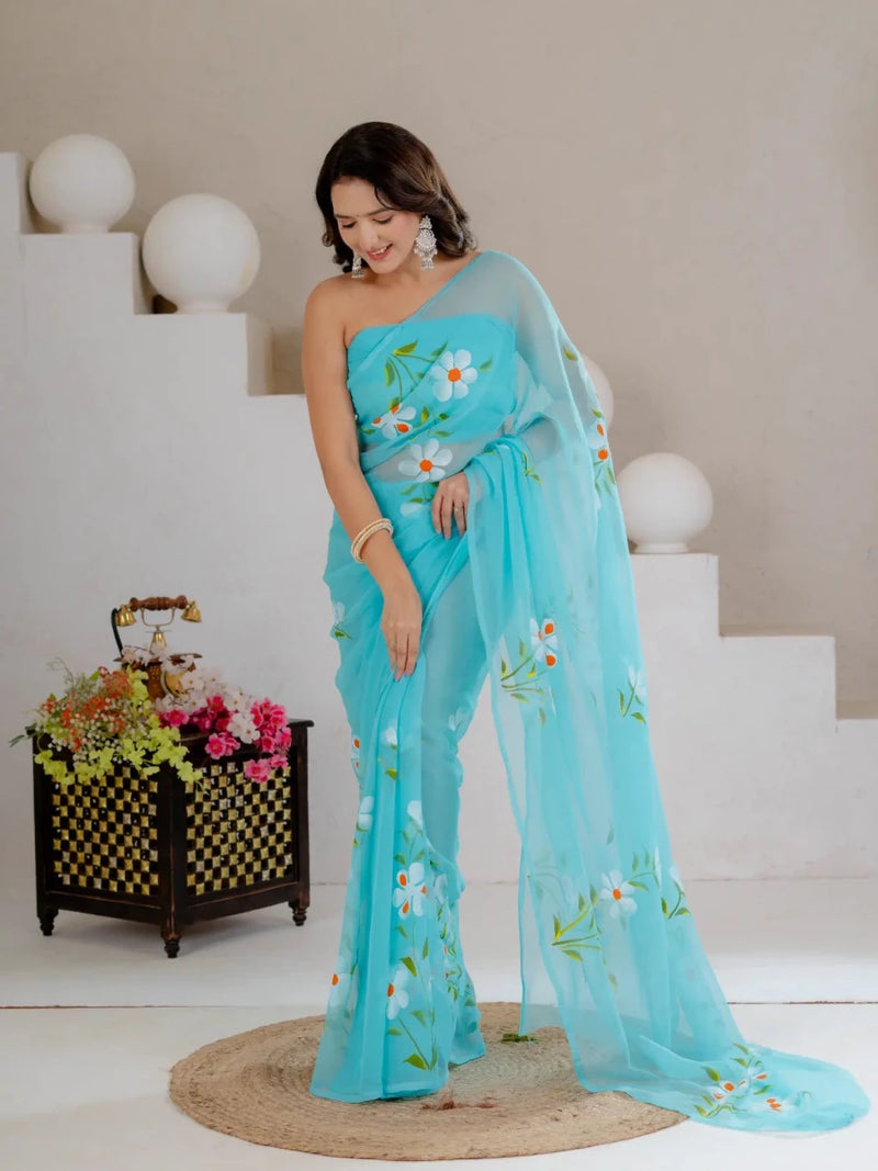 Sky Blue Hand Painted Georgette Saree with White Hibiscus Floral Print - Shri SKA Sons