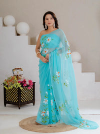 Sky Blue Hand Painted Georgette Saree with White Hibiscus Floral Print - Shri SKA Sons