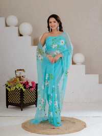 Sky Blue Hand Painted Georgette Saree with White Hibiscus Floral Print - Shri SKA Sons