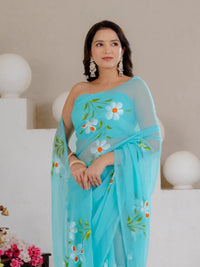 Sky Blue Hand Painted Georgette Saree with White Hibiscus Floral Print - Shri SKA Sons