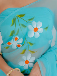 Sky Blue Hand Painted Georgette Saree with White Hibiscus Floral Print - Shri SKA Sons