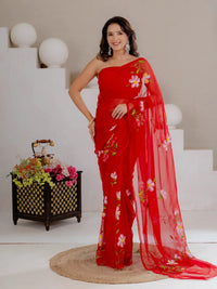 Red Hand Painted Georgette Saree with White Hibiscus Floral Print - Shri SKA Sons