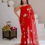 Red Hand Painted Georgette Saree with White Hibiscus Floral Print
