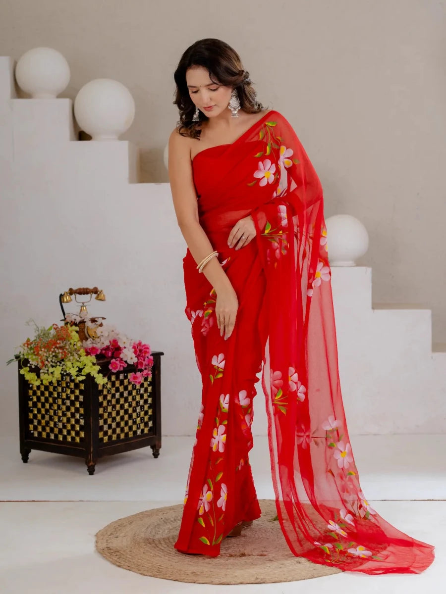 Red Hand Painted Georgette Saree with White Hibiscus Floral Print - Shri SKA Sons