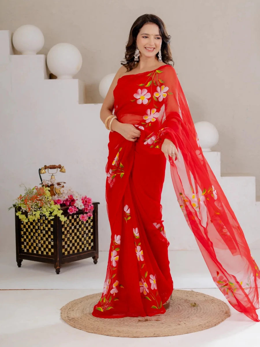 Red Hand Painted Georgette Saree with White Hibiscus Floral Print - Shri SKA Sons