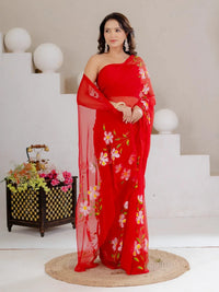 Red Hand Painted Georgette Saree with White Hibiscus Floral Print - Shri SKA Sons