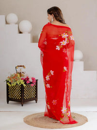 Red Hand Painted Georgette Saree with White Hibiscus Floral Print - Shri SKA Sons