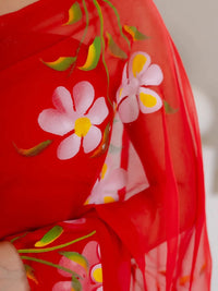 Red Hand Painted Georgette Saree with White Hibiscus Floral Print - Shri SKA Sons