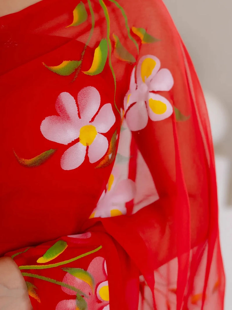 Red Hand Painted Georgette Saree with White Hibiscus Floral Print - Shri SKA Sons