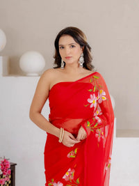 Red Hand Painted Georgette Saree with White Hibiscus Floral Print - Shri SKA Sons