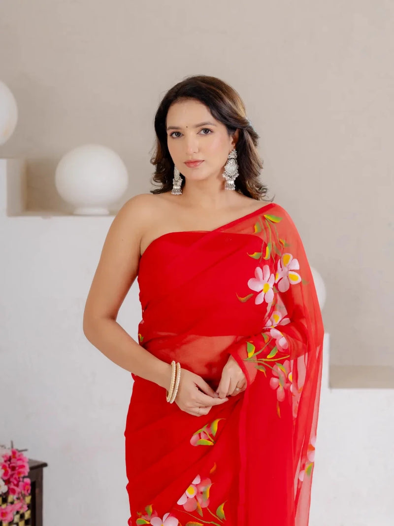 Red Hand Painted Georgette Saree with White Hibiscus Floral Print - Shri SKA Sons