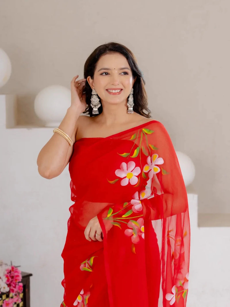Red Hand Painted Georgette Saree with White Hibiscus Floral Print - Shri SKA Sons