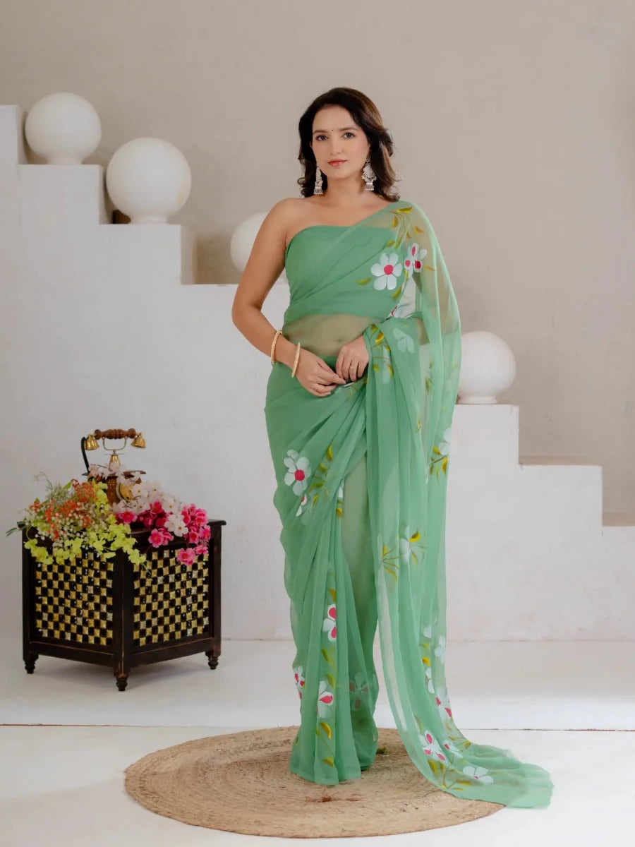 Sea Green Hand Painted Georgette Saree with White Hibiscus Floral Print - Shri SKA Sons
