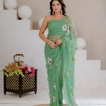 Sea Green Hand Painted Georgette Saree with White Hibiscus Floral Print