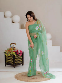 Sea Green Hand Painted Georgette Saree with White Hibiscus Floral Print - Shri SKA Sons
