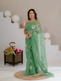Sea Green Hand Painted Georgette Saree with White Hibiscus Floral Print - Shri SKA Sons
