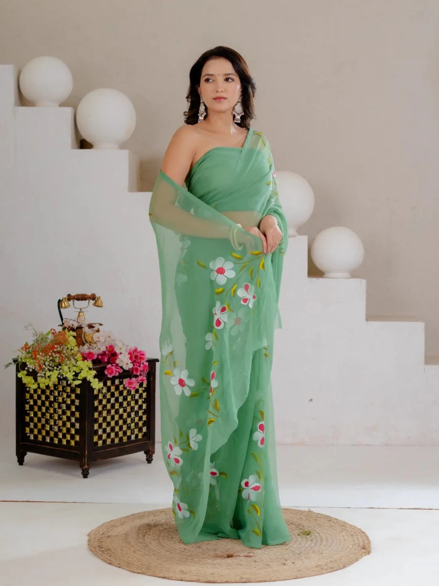 Sea Green Hand Painted Georgette Saree with White Hibiscus Floral Print - Shri SKA Sons