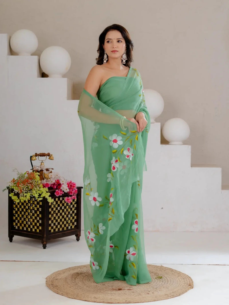 Sea Green Hand Painted Georgette Saree with White Hibiscus Floral Print - Shri SKA Sons