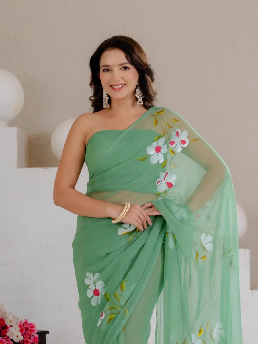 Sea Green Hand Painted Georgette Saree with White Hibiscus Floral Print - Shri SKA Sons