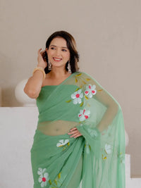 Sea Green Hand Painted Georgette Saree with White Hibiscus Floral Print - Shri SKA Sons