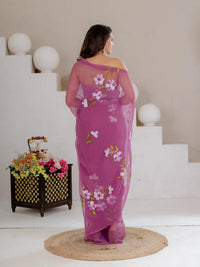 Mauve Purple Hand Painted Georgette Saree with White Hibiscus Floral Print - Shri SKA Sons