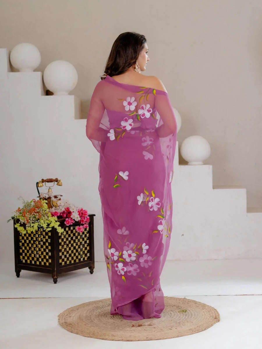 Mauve Purple Hand Painted Georgette Saree with White Hibiscus Floral Print - Shri SKA Sons