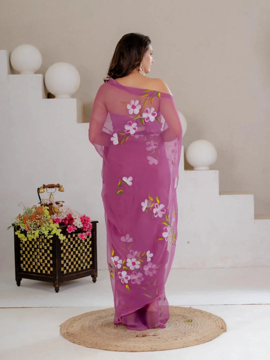 Mauve Purple Hand Painted Georgette Saree with White Hibiscus Floral Print - Shri SKA Sons