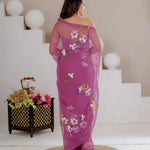 Mauve Purple Hand Painted Georgette Saree with White Hibiscus Floral Print