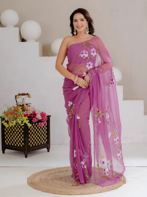 Mauve Purple Hand Painted Georgette Saree with White Hibiscus Floral Print - Shri SKA Sons