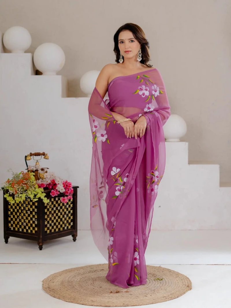 Mauve Purple Hand Painted Georgette Saree with White Hibiscus Floral Print - Shri SKA Sons