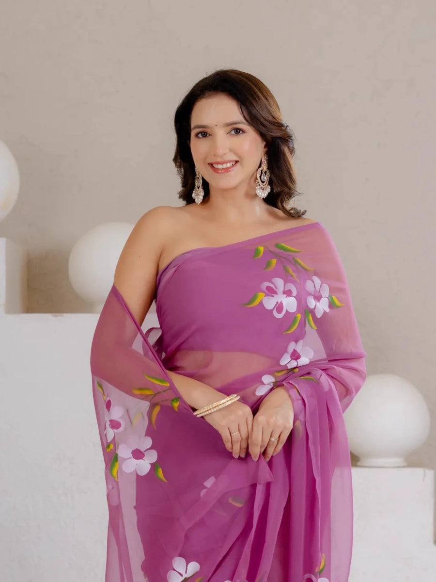 Mauve Purple Hand Painted Georgette Saree with White Hibiscus Floral Print - Shri SKA Sons