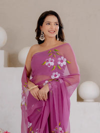 Mauve Purple Hand Painted Georgette Saree with White Hibiscus Floral Print - Shri SKA Sons