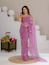 Mauve Purple Hand Painted Georgette Saree with White Hibiscus Floral Print - Shri SKA Sons