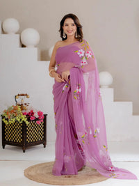 Mauve Purple Hand Painted Georgette Saree with White Hibiscus Floral Print - Shri SKA Sons