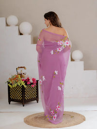 Mauve Purple Hand Painted Georgette Saree with White Hibiscus Floral Print - Shri SKA Sons