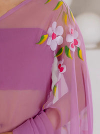 Mauve Purple Hand Painted Georgette Saree with White Hibiscus Floral Print - Shri SKA Sons