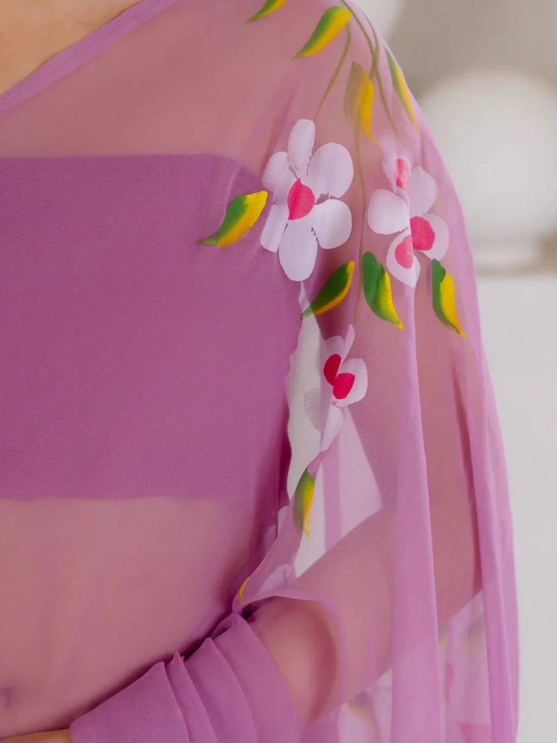 Mauve Purple Hand Painted Georgette Saree with White Hibiscus Floral Print - Shri SKA Sons
