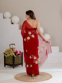 Maroon Hand Painted Georgette Saree with White Hibiscus Floral Print - Shri SKA Sons