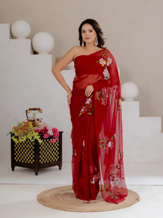 Maroon Hand Painted Georgette Saree with White Hibiscus Floral Print - Shri SKA Sons