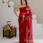 Maroon Hand Painted Georgette Saree with White Hibiscus Floral Print